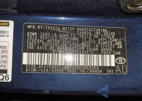 2005 Toyota Corolla Ce from USA, damaged, VIN 2T1BR32E15C495475